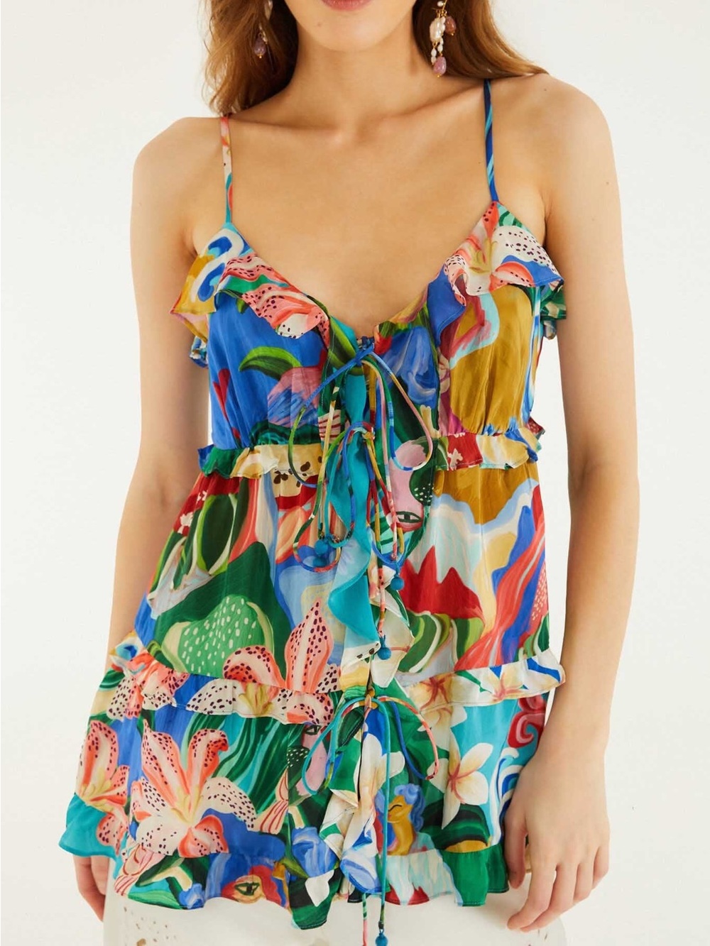 FARM Rio Multicolor Floral Ruffle Tie-Front Tank - Picture 2 of 7